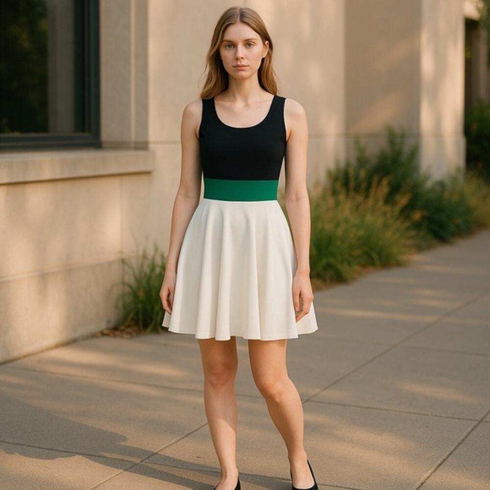 Charming Charlie Womens Dress Size Small Black Green Cream Tank Fit & Flare NEW